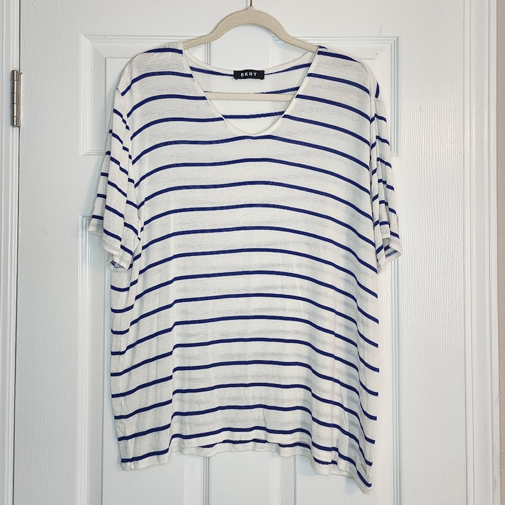 EUC DKNY white and blue striped shirt